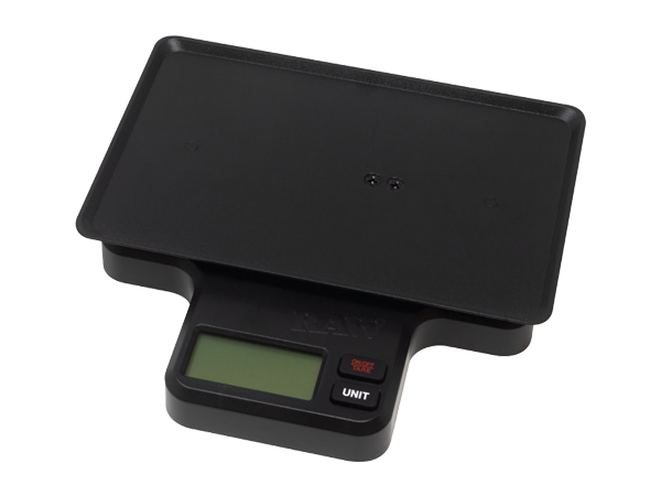 Angled front view of the RAW x My Weigh tray scale in its retail packaging. This multi-functional 1000g digital scale features a variable-sensitivity base explicitly contoured to hold the included metal mini rolling tray.