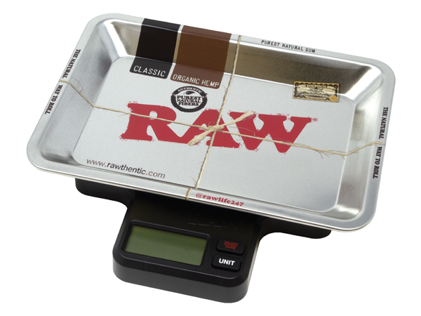Top down view of the RAW x My Weigh tray scale with the branded metal platform nested over the weighing base. This hardware combo allows users to portion dry materials with precision while containing the mess.