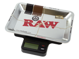 Top down view of the RAW x My Weigh tray scale with the branded metal platform nested over the weighing base. This hardware combo allows users to portion dry materials with precision while containing the mess.