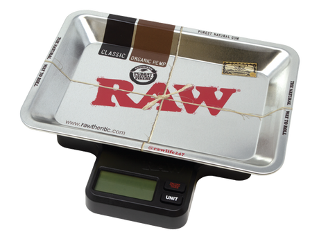 Top down view of the RAW x My Weigh tray scale with the branded metal platform nested over the weighing base. This hardware combo allows users to portion dry materials with precision while containing the mess.