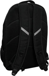 Back view of the RAW x Rolling Papers backpack in black. This stealthy transport bag features padded shoulder straps and a cushioned back panel to distribute weight evenly and comfortably carry gear.