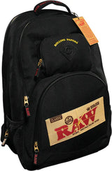 Front view of the RAW x Rolling Papers backpack in black. This multi-compartment smell-proof bag utilizes five-layer carbon foam and silicone-sealed zippers to completely block scent particles during transit.