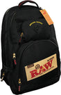 Front view of the RAW x Rolling Papers backpack in black. This multi-compartment smell-proof bag utilizes five-layer carbon foam and silicone-sealed zippers to completely block scent particles during transit.