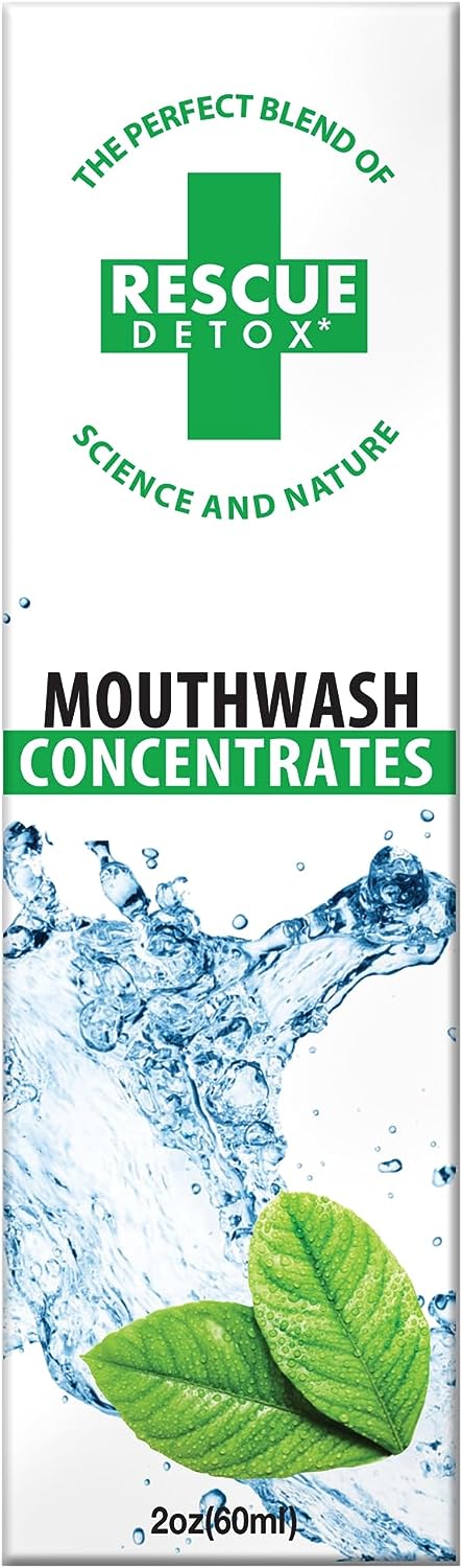 Front angled view of the Rescue Detox 2oz Oral Purifying Rinse bottle in deep blue, white, and black. This fast-acting, concentrated mouthwash is formulated to instantly neutralize toxins and cleanse the mouth of unwanted impurities.