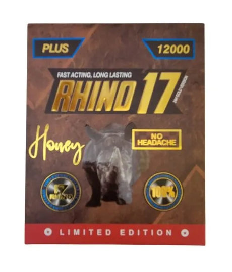 Angled overhead view of the Rhino 17 Plus Honey 12-count retail display box in matching black, gold, and red packaging. This professional wholesale countertop display holds a dozen individual honey sachets for convenient presentation and dispensing in retail environments.