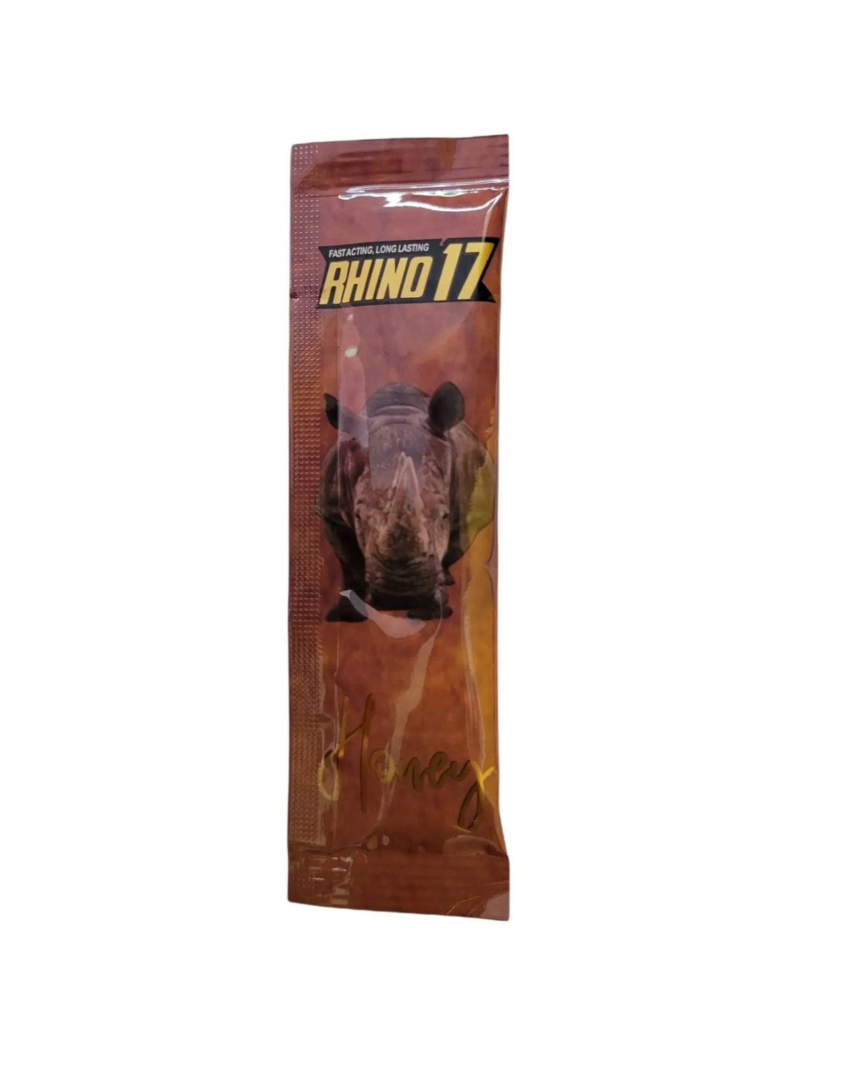 Front view of the Rhino 17 Plus Honey single serving sachet featuring bold black, gold, and red branding. This fast-acting male enhancement dietary supplement utilizes a premium botanical honey blend to boost stamina, energy, and physical performance.