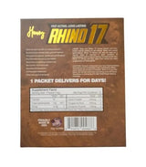 Rear view of the Rhino 17 Plus Honey packaging focusing on the supplement facts and active ingredients label. Showcases the proprietary blend of pure honey and natural herbal extracts engineered to safely elevate male endurance, vitality, and intimate wellness.