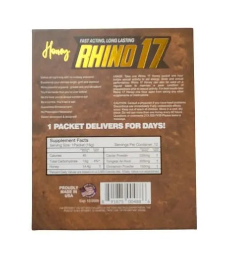 Rear view of the Rhino 17 Plus Honey packaging focusing on the supplement facts and active ingredients label. Showcases the proprietary blend of pure honey and natural herbal extracts engineered to safely elevate male endurance, vitality, and intimate wellness.