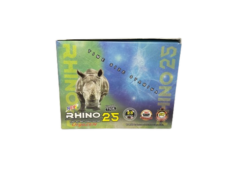 Angled overhead view of the Rhino 25 Titanium 750K retail display box featuring matching metallic green and blue artwork. This professional wholesale countertop display container holds multiple individual blister cards for easy presentation and dispensing in retail and smoke shop environments.