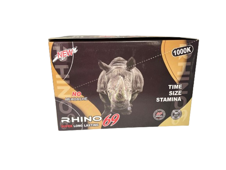 Front view of the Rhino 69 1000K male enhancement pill blister card in high-shine metallic foil. This extra-strength dietary supplement helps users maximize their stamina for peak physical endurance.