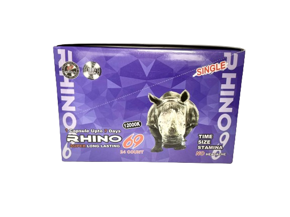 Front view of the Rhino 69 12000K Single male enhancement pill blister card featuring high-contrast foil branding. This ultra-high capacity single-dose formulation is engineered to provide maximum strength and prolonged physical endurance.