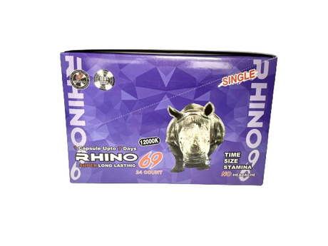 Front view of the Rhino 69 12000K Single male enhancement pill blister card featuring high-contrast foil branding. This ultra-high capacity single-dose formulation is engineered to provide maximum strength and prolonged physical endurance.