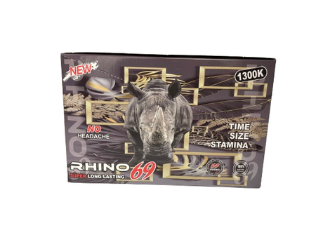 Front view of the Rhino 69 1300K male enhancement pill blister card featuring vibrant, eye-catching graphics. Engineered for long-lasting effects, this maximum performance supplement delivers a rapid boost in stamina.