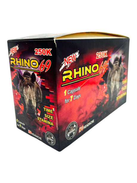 Front view of the Rhino 69 250K male enhancement pill blister card featuring boldly colored artwork. Formulated with a proprietary herbal extract blend to enhance male physical performance and provide sustained energy.
