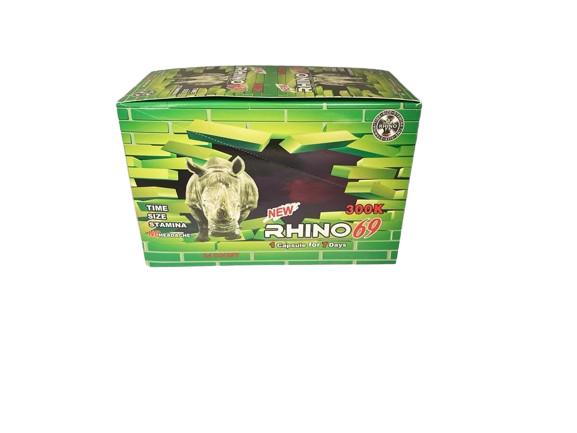 Front view of the Rhino 69 300K male enhancement pill blister card in vibrant foil packaging. This fast-acting botanical supplement provides a potent blend designed to naturally boost endurance and vitality.