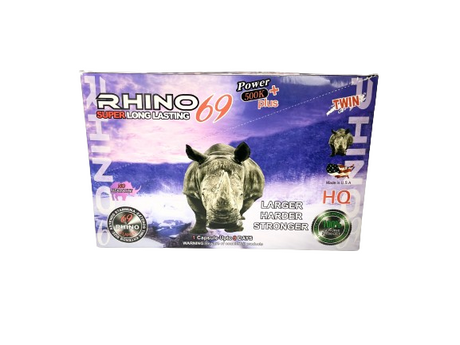 Front view of the Rhino 69 500K Twin Power Plus blister card in vibrant metallic packaging. This dual-action male enhancement supplement delivers an amplified herbal blend for double the support in stamina and performance.