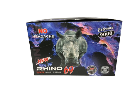 Front view of the Rhino 69 9000 Extreme male enhancement pill blister card in bold dark and neon colors. Features an extreme potency botanical formula designed for intense, sustained energy and optimal physical vitality.
