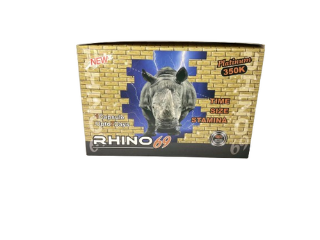 Front view of the Rhino 69 Platinum 350K male enhancement pill blister card in metallic platinum and bold colors. This premium dietary supplement is formulated for maximum strength to support male stamina, energy, and physical performance.