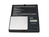 Angled top-down view of the Ricky and Morty digital pocket scale with the protective graphic lid opened. The durable stainless steel platform provides a perfectly flat, easy-to-clean surface for weighing dry herbs and concentrates with
