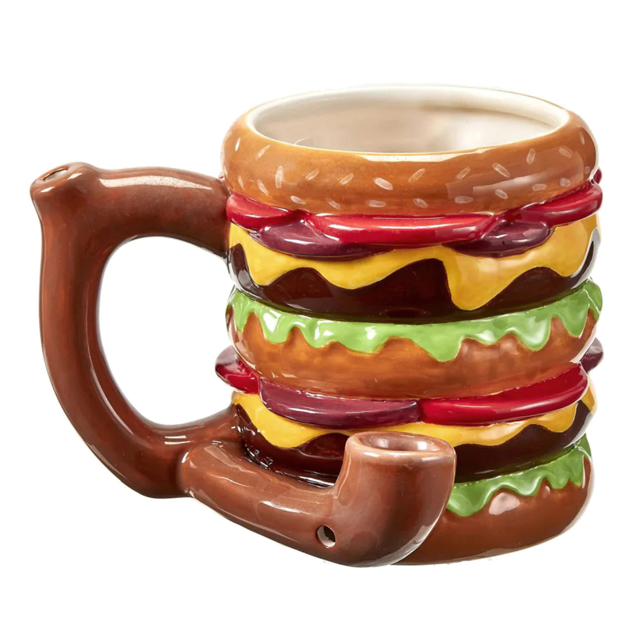 Front view of the Roast and Toast novelty mug pipe in burger. This 2-in-1 functional ceramic coffee mug features a built-in dry herb pipe for the ultimate wake and bake session.