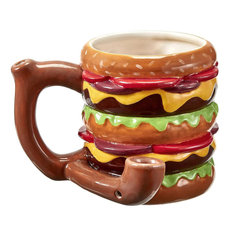 Front view of the Roast and Toast novelty mug pipe in burger. This 2-in-1 functional ceramic coffee mug features a built-in dry herb pipe for the ultimate wake and bake session.