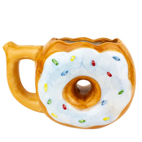 Front view of the Roast and Toast novelty mug pipe in the shape of a donut. This 2-in-1 functional ceramic coffee mug features a built-in dry herb pipe for the ultimate wake and bake session.