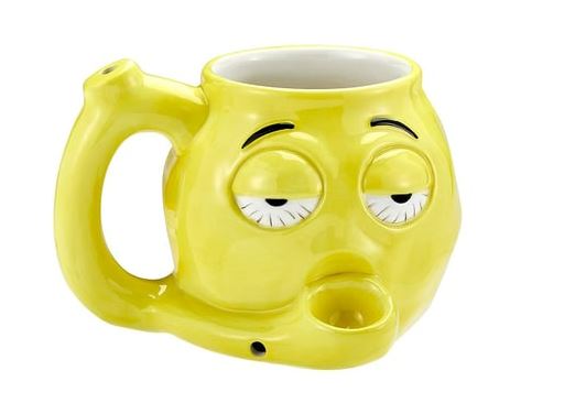 Front view of the Roast and Toast novelty mug pipe in vibrant yellow. This 2-in-1 functional ceramic coffee mug features a built-in dry herb pipe for the ultimate wake and bake session.