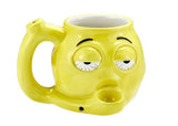 Front view of the Roast and Toast novelty mug pipe in vibrant yellow. This 2-in-1 functional ceramic coffee mug features a built-in dry herb pipe for the ultimate wake and bake session.