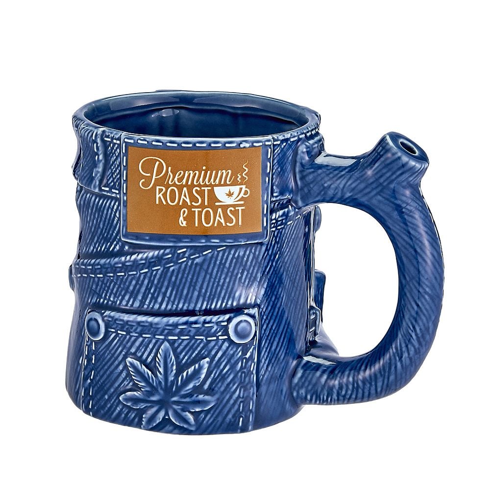 Front view of the Roast and Toast novelty mug pipe in the shape of jean pants. This 2-in-1 functional ceramic coffee mug features a built-in dry herb pipe for the ultimate wake and bake session.