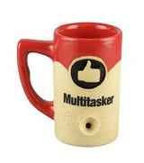 Front view of the Roast and Toast novelty mug pipe in red and white. This 2-in-1 functional ceramic coffee mug features a built-in dry herb pipe for the ultimate wake and bake session.