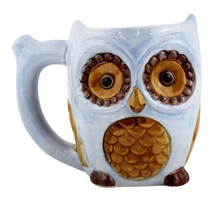 Front view of the Roast and Toast novelty mug pipe in the shape of an owl. This 2-in-1 functional ceramic coffee mug features a built-in dry herb pipe for the ultimate wake and bake session.
