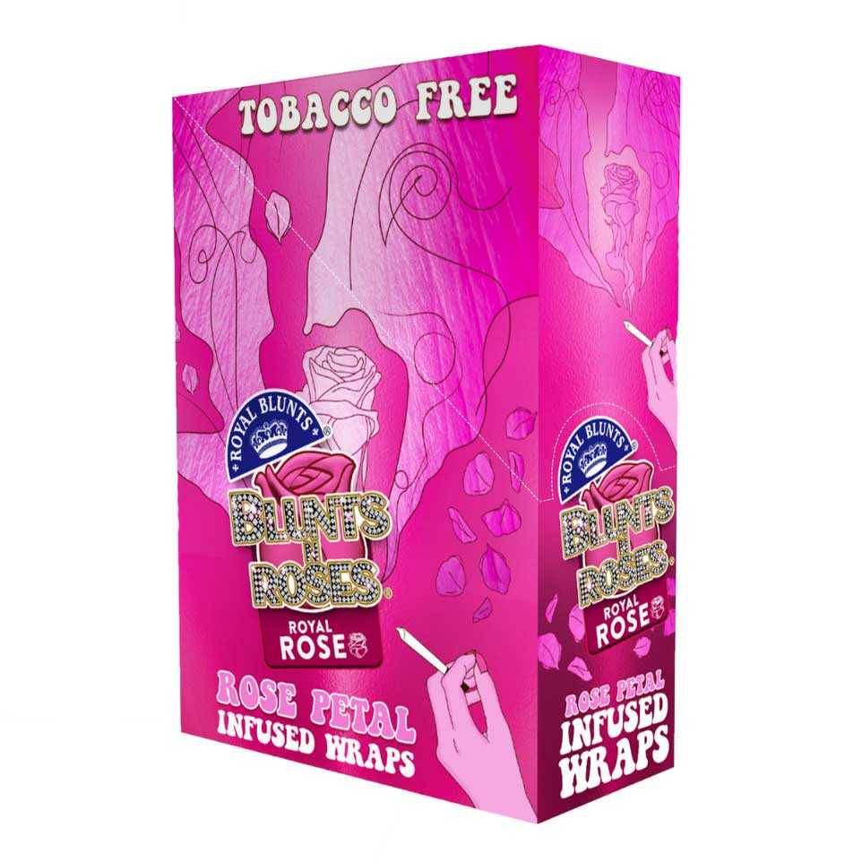 Angled overhead view of the Royal Blunts N Roses Wraps in an assortment of vibrant 25-count display boxes. Made with infused real rose petals, these tobacco-free wraps provide a slow-burning, exceptionally aromatic smoking experience.