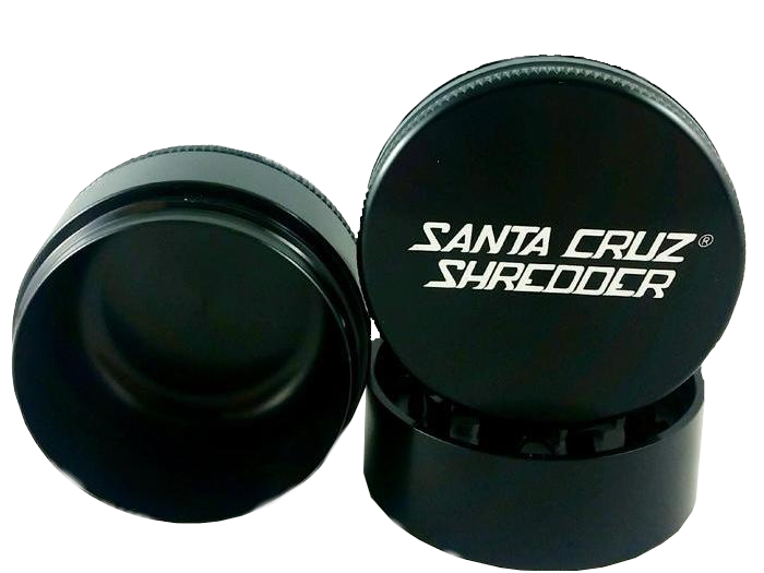 Front view of the Santa Cruz Shredder 3-piece medium aluminum grinder in matte black. This medical-grade aerospace aluminum grinder features a textured knurled grip and a strong magnetic lid for effortless, everyday shredding of your favorite dry herbs.