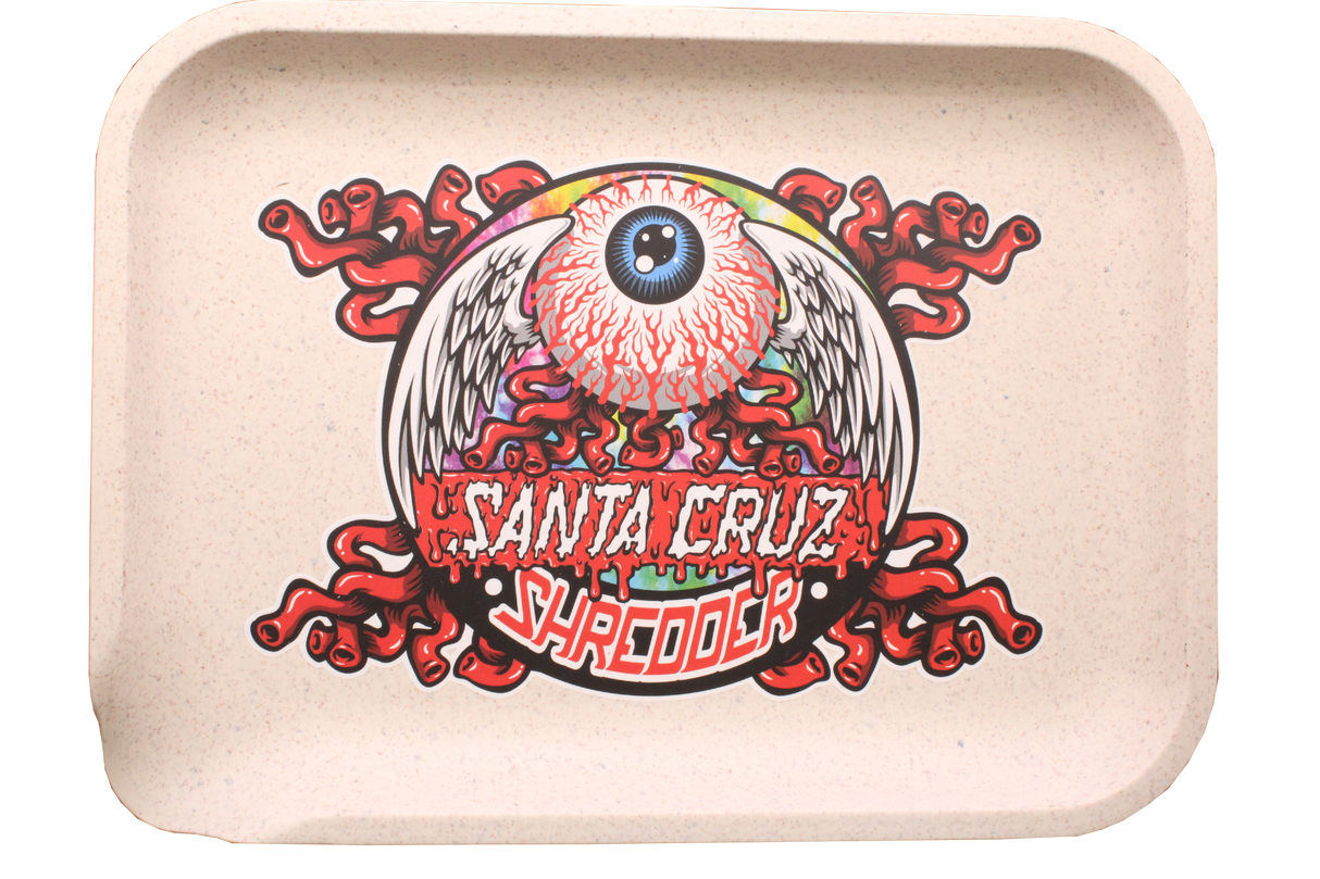 Santa Cruz Shredder Small Hemp Rolling Tray, which is made from biodegradable hemp and boasts an eye-catching design. The front of the tray features a bold, artistic graphic of an eye with wings and surrounding decorative elements.