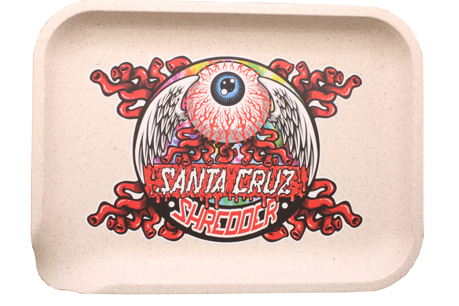 Santa Cruz Shredder Small Hemp Rolling Tray, which is made from biodegradable hemp and boasts an eye-catching design. The front of the tray features a bold, artistic graphic of an eye with wings and surrounding decorative elements.