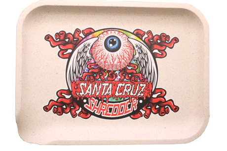 Santa Cruz Shredder Small Hemp Rolling Tray, which is made from biodegradable hemp and boasts an eye-catching design. The front of the tray features a bold, artistic graphic of an eye with wings and surrounding decorative elements.