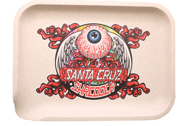 Santa Cruz Shredder Small Hemp Rolling Tray, which is made from biodegradable hemp and boasts an eye-catching design. The front of the tray features a bold, artistic graphic of an eye with wings and surrounding decorative elements.