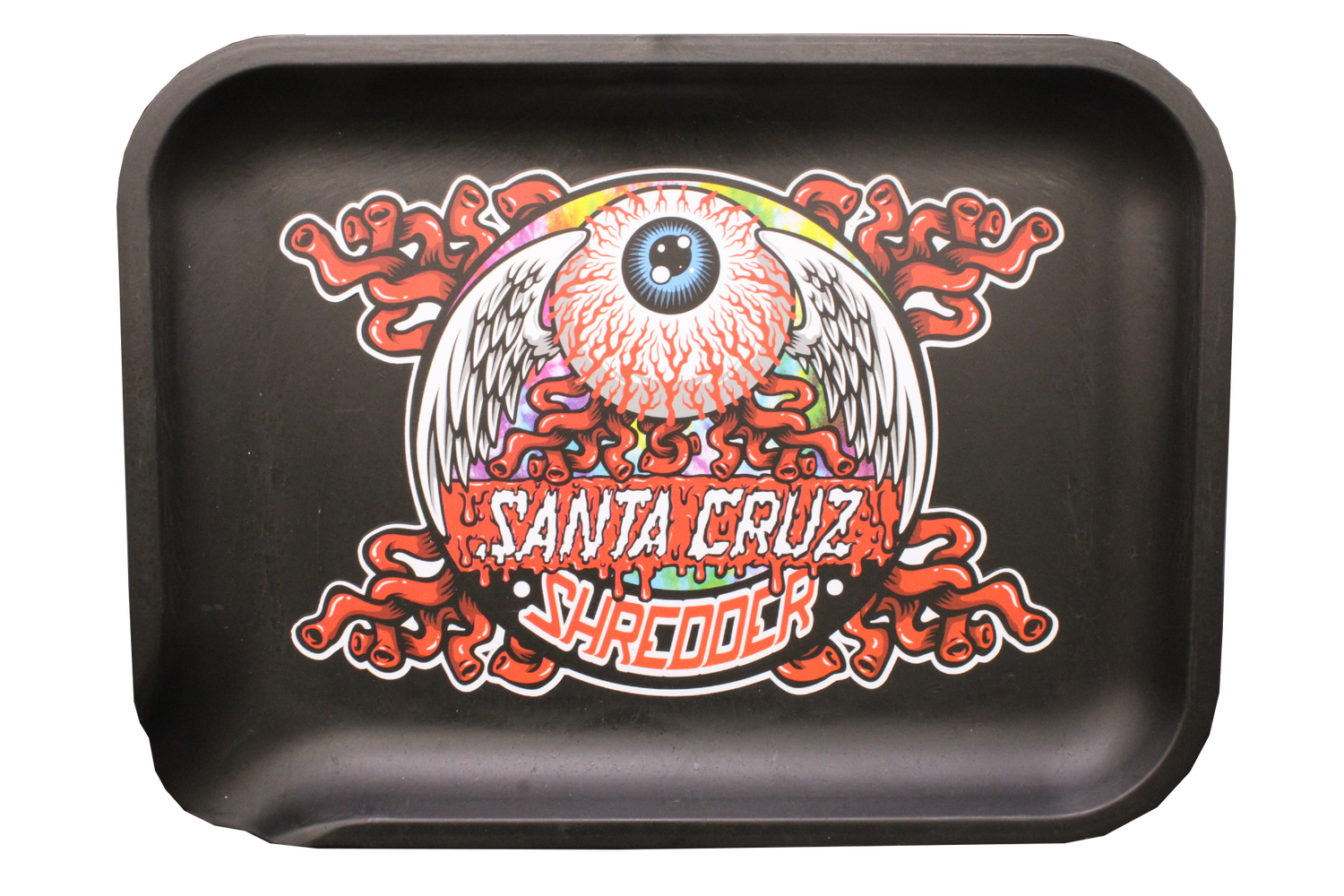 Santa Cruz Shredder Small Hemp Rolling Tray, which is made from biodegradable hemp and boasts an eye-catching design. The front of the tray features a bold, artistic graphic of an eye with wings and surrounding decorative elements, creating a striking visual impact.