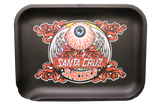 Santa Cruz Shredder Small Hemp Rolling Tray, which is made from biodegradable hemp and boasts an eye-catching design. The front of the tray features a bold, artistic graphic of an eye with wings and surrounding decorative elements, creating a striking visual impact.