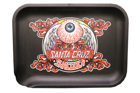 Santa Cruz Shredder Small Hemp Rolling Tray, which is made from biodegradable hemp and boasts an eye-catching design. The front of the tray features a bold, artistic graphic of an eye with wings and surrounding decorative elements, creating a striking visual impact.