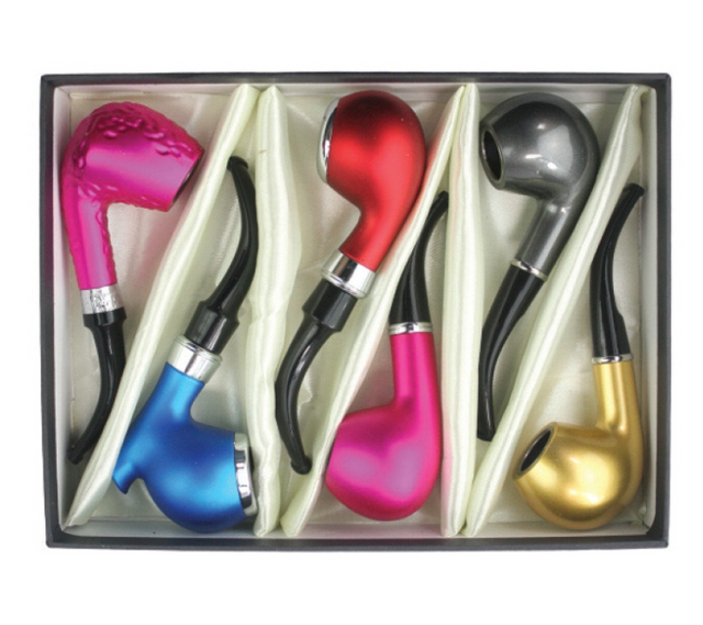 Front view of the Sherlock Pipe Gift Set 6pc Neon arranged together. This collection showcases vibrant multi-colored neon glass pipes including green, pink, blue, orange, yellow, and purple. This 6-piece premium hand pipe assortment delivers an iconic curved stem design built for smooth, optimally cooled smoking sessions.