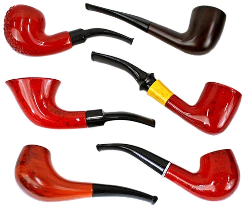 Angled overhead view of the 6-piece Sherlock tobacco pipe gift set featuring a dark wood pipe resting inside an elegant black display box. This comprehensive starter kit includes a classic smoking pipe and all the essential maintenance tools needed for a premium tobacco experience.