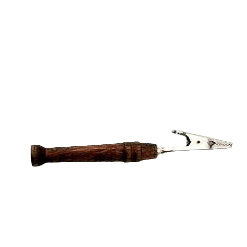 Overhead flat lay view of the Plain Wooden Roach Clips 10 Count Pack in natural wood and silver. Featuring a minimalist wooden handle attached to a sturdy metal alligator clip, these essential smoking accessories securely hold pre-rolls to prevent burned fingers.