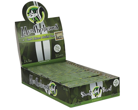 Front view of the Skunk Brand flavored rolling papers 1 1/4 size 24-count display box in a vibrant multicolored aesthetic with the iconic skunk logo. This wholesale countertop display case contains a sweet variety of slow-burning hemp papers designed to take the bite out of harsh herbs.