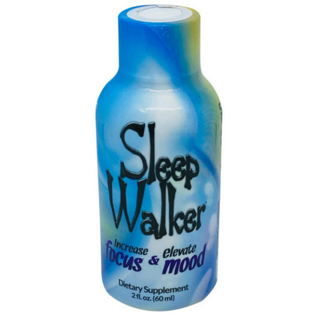 Front view of the Sleep Walker Kratom 2 oz shot in a black bottle with a vibrant blue and white label. This premium liquid herbal supplement is specially formulated to promote deep relaxation, stress relief, and an elevated mood.