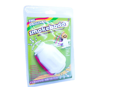Front view of the Smokebuddy Original personal air filter in vibrant white. Simply exhale your smoke through the top mouthpiece, and odorless air gently exits the bottom.