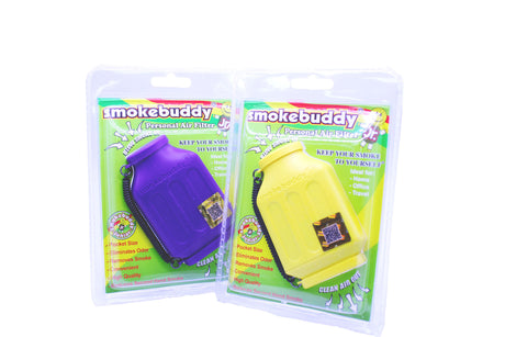 Front view of the Smokebuddy Original personal air filter in bright purple and yellow. This compact and reliable device eliminates smoke and odors when you exhale, keeping secondhand smoke away from loved ones.