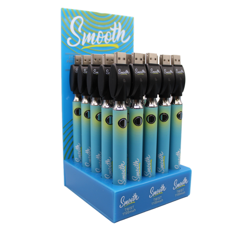 Front view of the closed Smooth 510 thread batteries 25-count display box in  vibrant blue branding. This wholesale bulk display provides smoke shops with high-quality, reliable batteries perfectly calibrated for 510-compatible oil and wax cartridges.