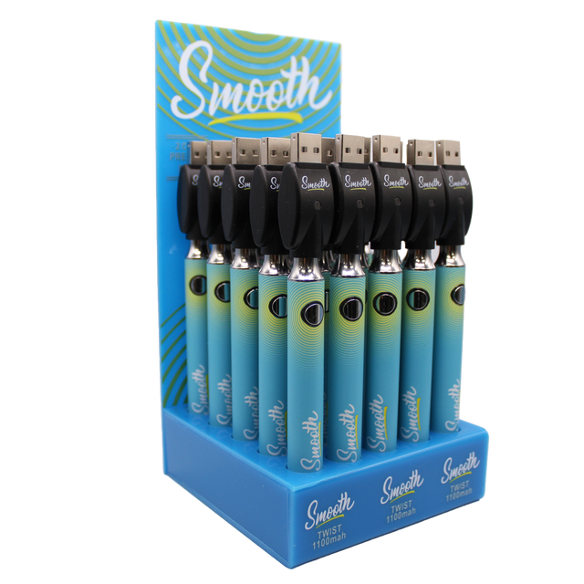 Front view of the closed Smooth 510 thread batteries 25-count display box in  vibrant blue branding. This wholesale bulk display provides smoke shops with high-quality, reliable batteries perfectly calibrated for 510-compatible oil and wax cartridges.