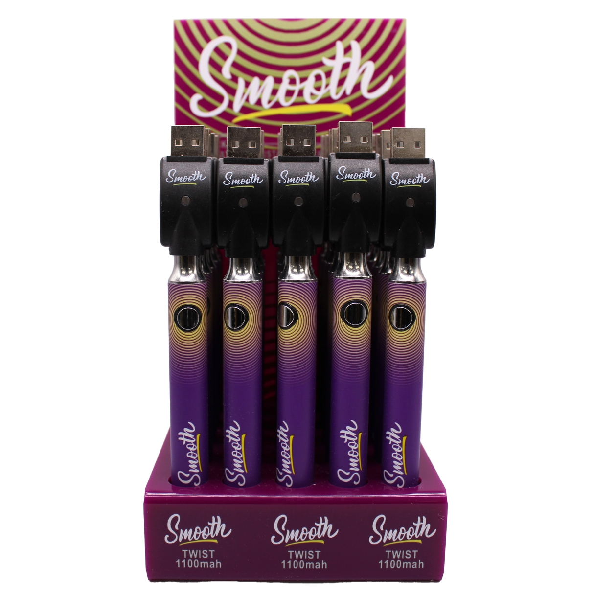 Front view of the closed Smooth 510 thread batteries 25-count display box in purple vibrant branding. This wholesale bulk display provides smoke shops with high-quality, reliable batteries perfectly calibrated for 510-compatible oil and wax cartridges.
